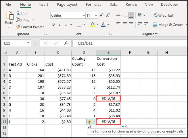 divide command not working excel for mac